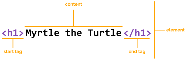 Annotated HTML Element showing opening and closing tags and content.