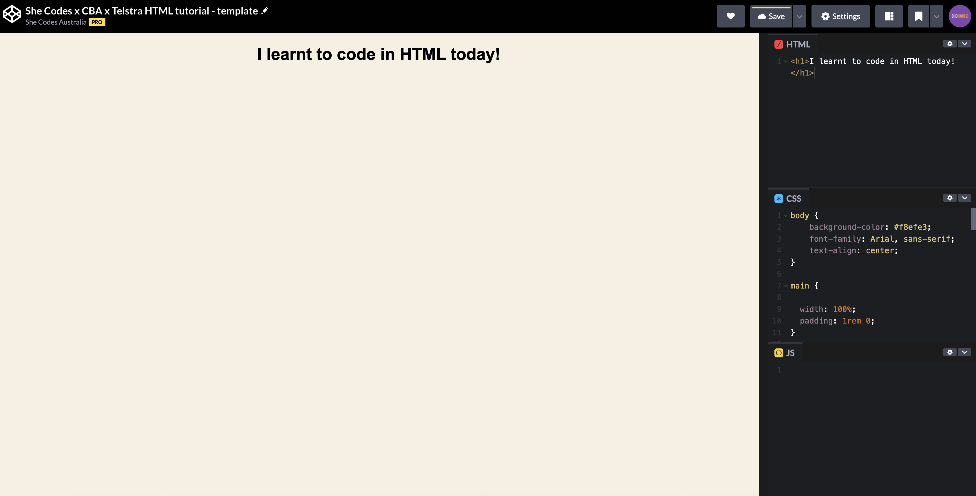 Screenshot of CodePen with h1 code and preview.