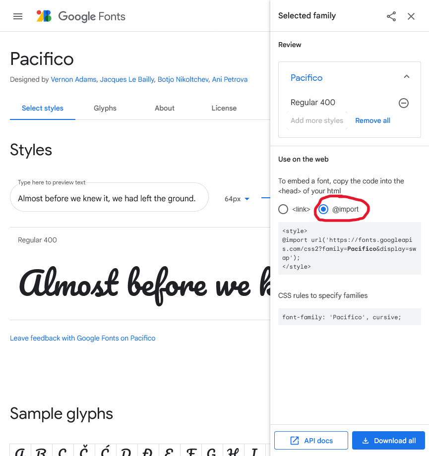 Screenshot of how to use Google Font