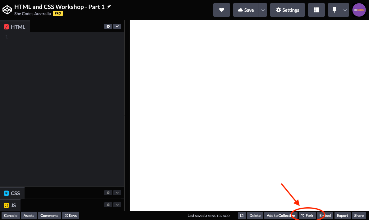 Screenshot of CodePen with &ldquo;fork&rdquo; button highlighted.